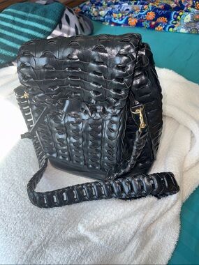 Black Braided Leather Crossbody Bag with Gold Hardware